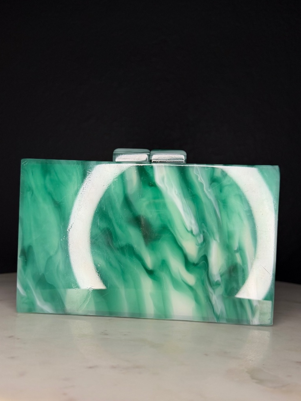 Green and White Marbled Acrylic Box‎ Clutch with Gold Chain